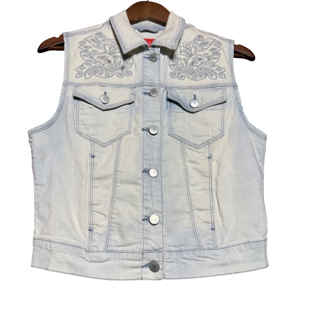 Chelsea & Violet Women Medium Light Wash Silver Embroidery Sleeveless Denim Vest